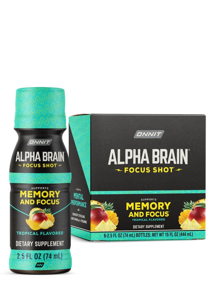 OnNIT Alpha Brain Focus Shot, Tropical Flavor, Nootropic Dietary drink that Supports Energy, Focus and Mood, IGTM Non-GMO נבדק, 2.5 floz, 6 Count