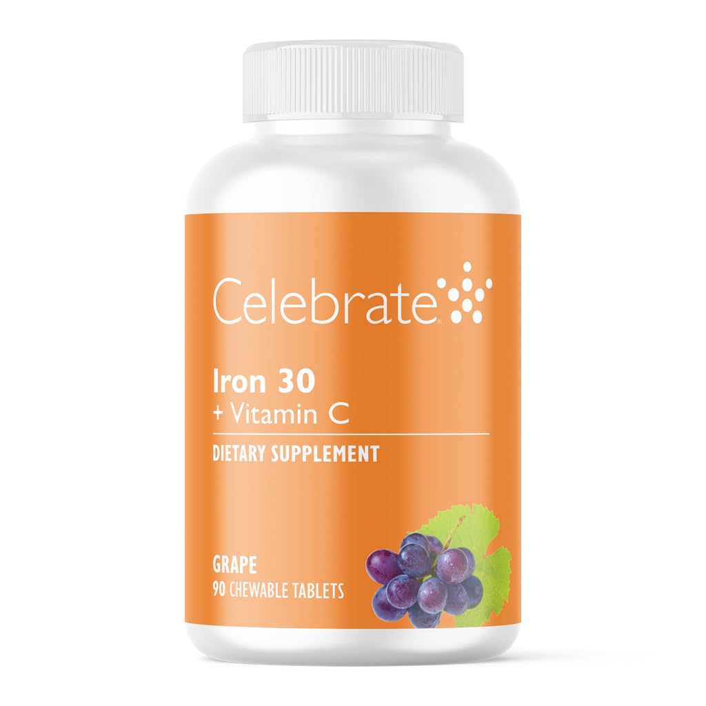 חוגגים ויטמינים תוספת ברזל עם ויטמין C - 30mg ברזל, 60 מ"ג ויטמין C, ויטמין Bariatric לחולים WLS, Vertical CD & Gastric Bypass Surgery - Grape, 90 טבליות Chewable