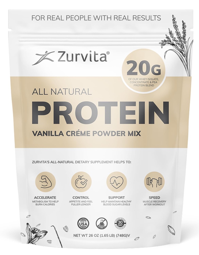 Zuvita - וניל Crème חלבון אבקה חלבון, פרוביוטיקה, No Artificial Sweeteners, 24+ ויטמינים ומינרלים, 140 Cal / Scoop - 26oz (20 משרתים)