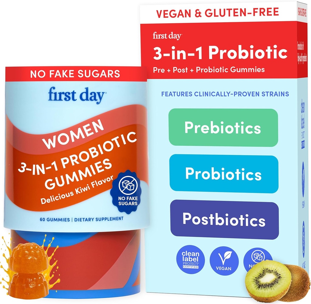 FIRST DAY Womens 3in-1 Probiotics - Prebiotic + Probiotic + Probiotic תוסף - Supports Digestive & Oral Health, Immune Function & Energy Levels - 30 יום אספקה
