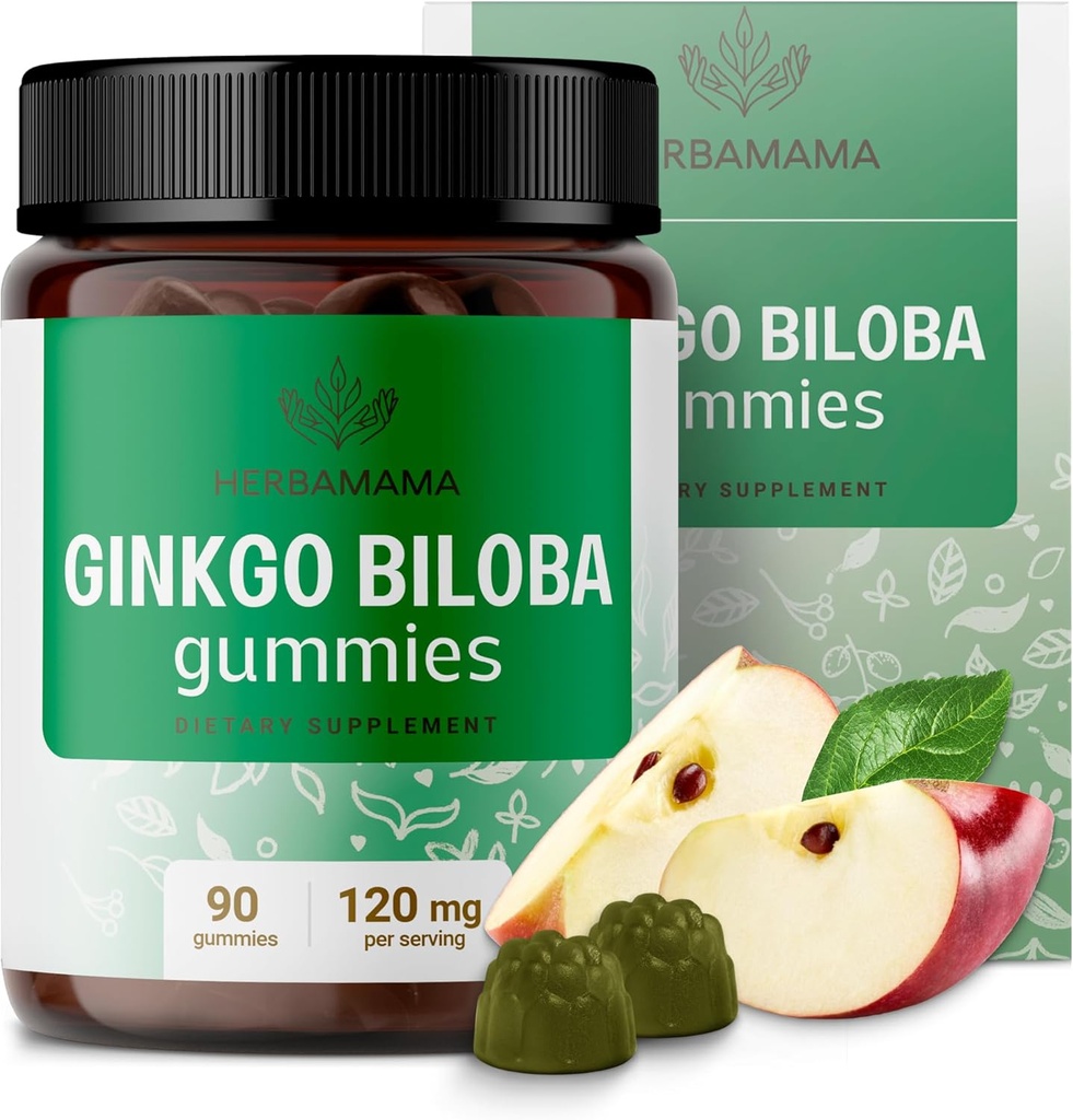 HerBAMAMA גינקו Biloba Gummies - 120 מ"ג ג'ינקגו Biloba Herb for Brain Support - טבעוני, non-GMO Brain Focus & Clarity Supplement - 90 Pectin מבוסס Apple-Flavored Chews