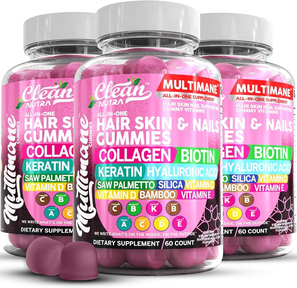 Multimane Collagen Gummies עם biotin Keratin Hyaluronic Acid Bamboo ויטמין A C ויטמין D ויטמין E Folate Saw Palmetto Silica B3 ויטמינים שיער וציפורים מסטיקנים על ידי ניקוי Nutra Nutra