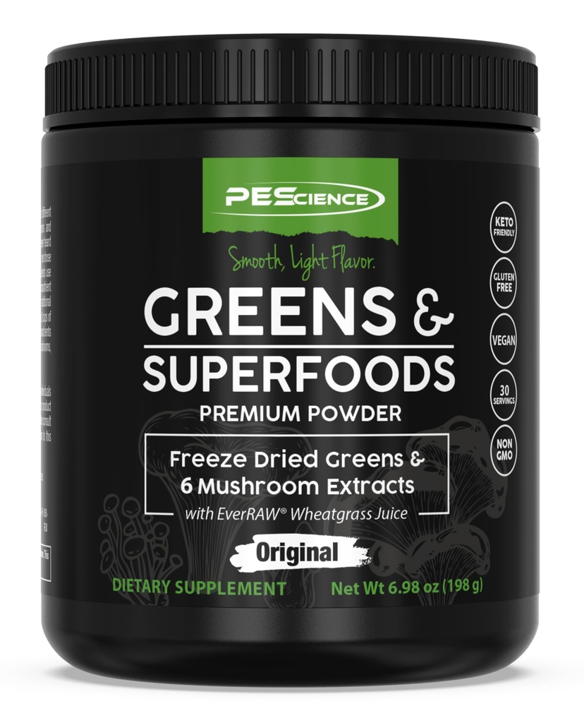 PEScience Greens אבקת Superfood with Natural Chlorophyll, Reishi & טורקיה Tail Mushroom אבקת, Freeze-Dried Kale, Spinach, Broccoli Sprouts, Original Flavor, 30 משרתים
