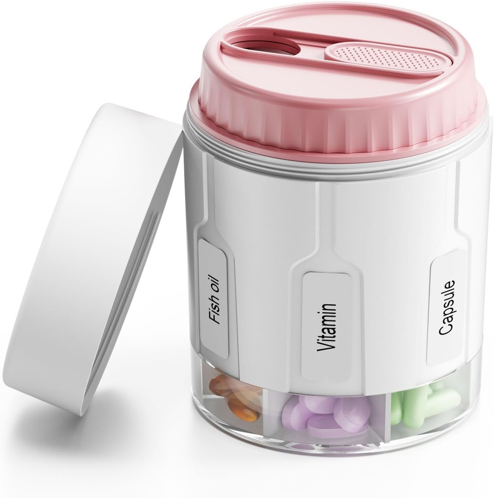 Daviky Pill Bottle מארגנת, מארגן תוסף עם 7 השוואתים גדולים, Travel Pill Dispenser Round Pill Box with Two Lids (Pink)