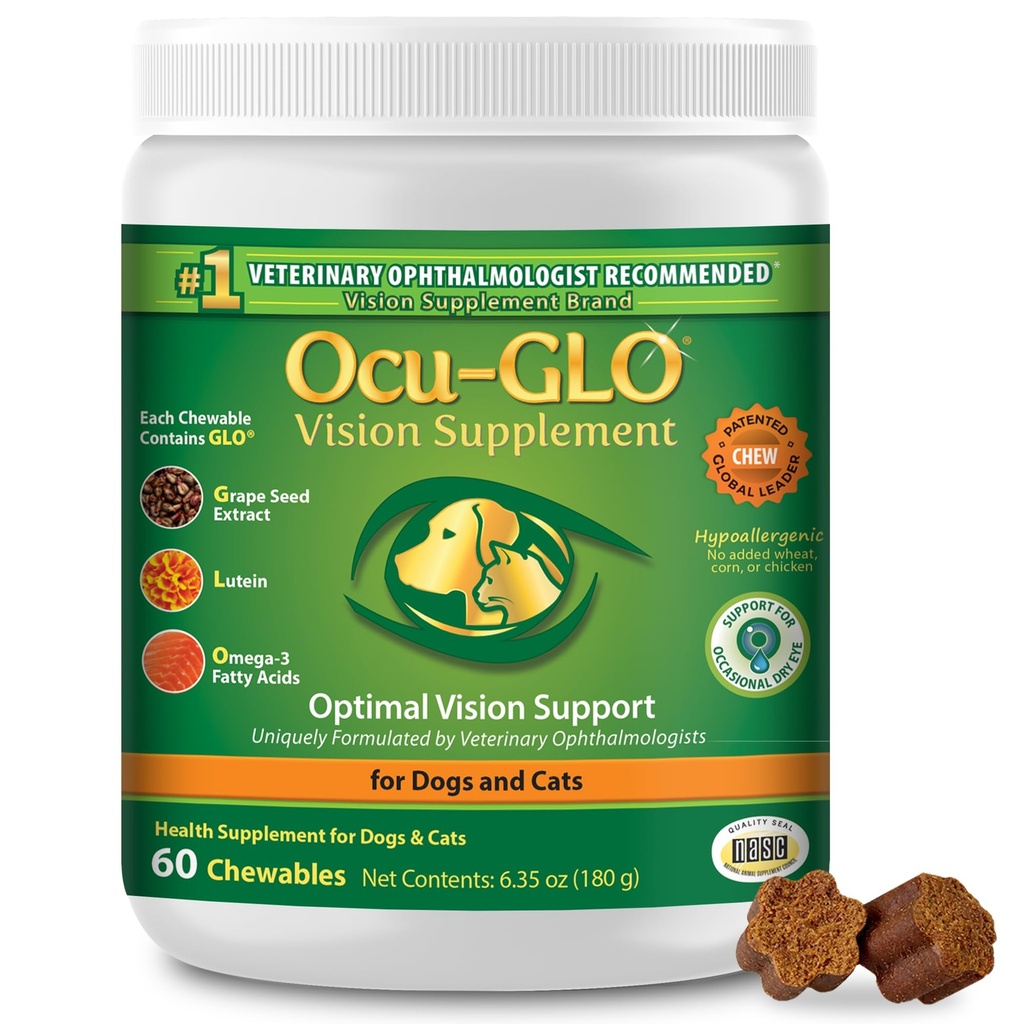 Ocu-GLO Cat & Dog בכיר תוספת לתמיכה בעין - תוספי ראייה Chewable תוספי מזון עבור חיות גדולות וקטנות טיפול עם Lutein, אומגה 3 חומצות שומן, Grape Seed לחלץ &oxidants