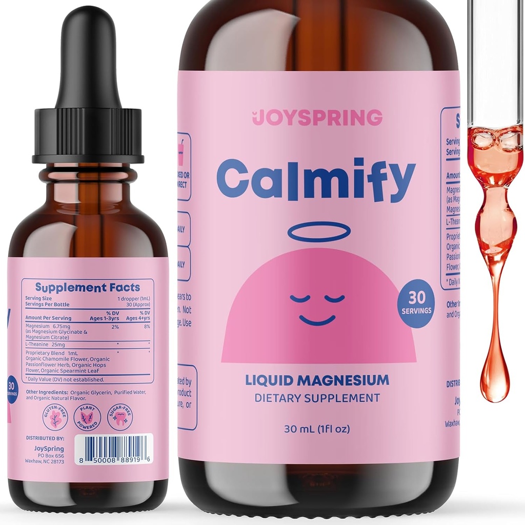 JoySpring Calmify Magnesium Citrate נוזלי for Kids - Sugar-Free, Gluten-Free Calming תוסף עם Chamomile - תמיכה טבעית לילדים ובני נוער (1 floz) 30 משרתים