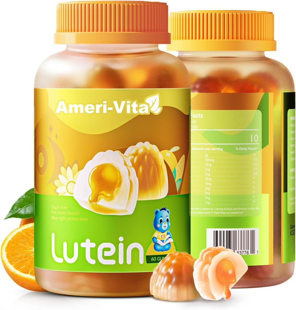 סוכר חינם Lutein 5 מ"ג חניכיים לבריאות העיניים: עם 1 מ"ג Zeaxanthin, Lutein תוספי ויטמינים עיניים מלא חניכיים Lutein תוסף חזון וכחול הגנה אור, Orange Flavor, 60 הרוזן