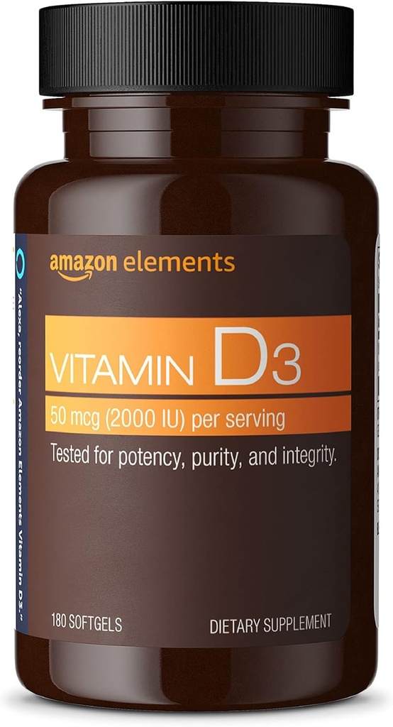 יסודות ויטמין D3, 2000 IU, 180 Softgels, 6 חודשים אספקה (Packaging עשוי להשתנות), תמיכה עצמות חזקות ובריאות החיסון