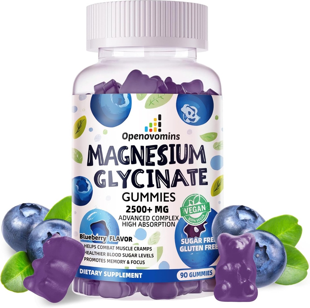 Magnesium Glycinate Gummies 2500mg - סוכר חינם Magnesium Potassium תוספת עם ויטמין D, B6, CoQ10 עבור Calm Mood & Sleep Support - 90 Blueberry חניכיים