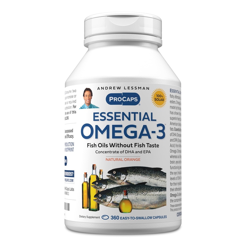 ANDREW LESSMAN Essential אומגה 3 Orange - 360 Softgels - Ultra-Pure, שמן אומגה 3 גבוה. DHA גבוה, No Stomach Upset, No Contaminants, No Mercury. קל ל-Swallow Softgels
