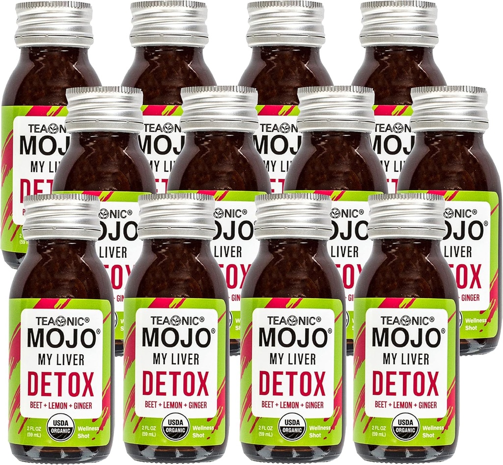 TEAONIC My Liver Mojo: Detox, Wellness Mojo Shots with Black Pepper, Beet, and Lemon Juice, USDA-Certified, Caffeine Free, Gluten-Free, 2 Fl. Oz כל אחד, חבילת 12