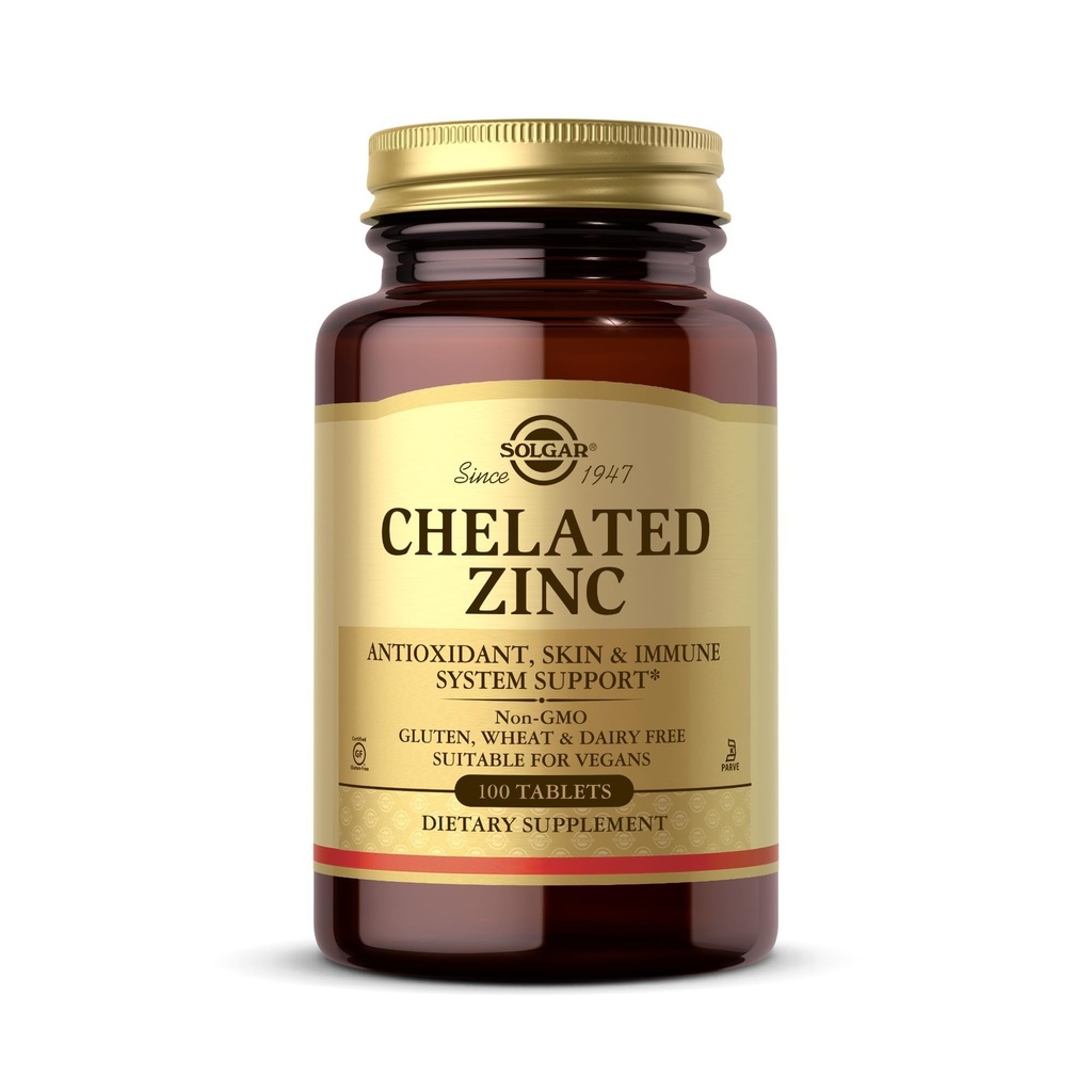 Solgar Chelated Zinc, 100 טבליות - Zinc for Healthy Skin - תומך ב- Cell Growth & DNA Formation - Exerts Antioxidant Activity - תומך במערכת חיסונית בריאה - Non GMO, Gluten Free - 100 משרתים