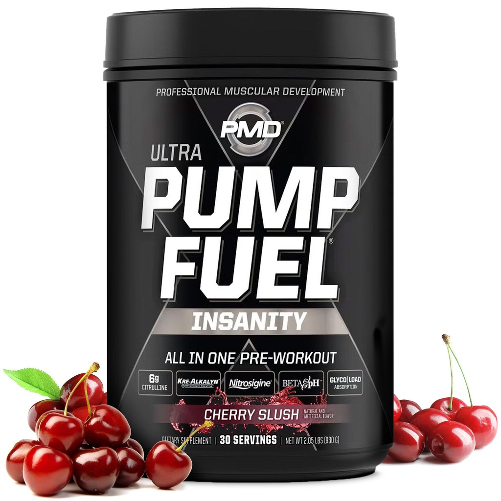 PMD ספורט משאבת דלק אולטרה Insanity - Premium Pre Workout אבקת ושומן שרירים, מוקד גדול יותר, אנדורנס & Recovery, Premium Creatine, Arginine & Beta Alanine - Cherry Slush (30 משרתים)