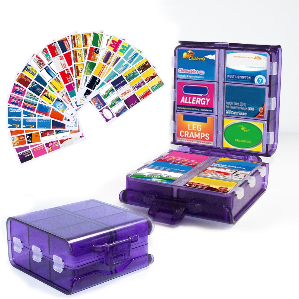 מארגנת גלולות גדולות עם תוויות תרופות, Pill Dispenser 12-Compartment Travel Medicine Storage Case, 7 ימים גלולת גלולות עבור ויטמינים ותוספים (Purple, 161 תוויות)