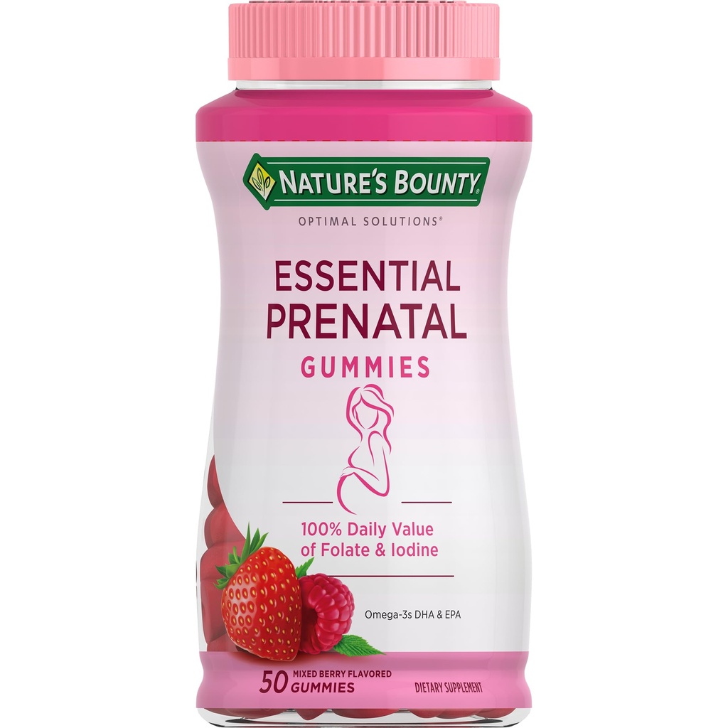 Nature's Bounty Optimal Solutions Essential Prenatal Gummies, Folic Acid ו- Iodine, אומגה 3 ו- DHA, 50 Count, 25 מנות שלמות