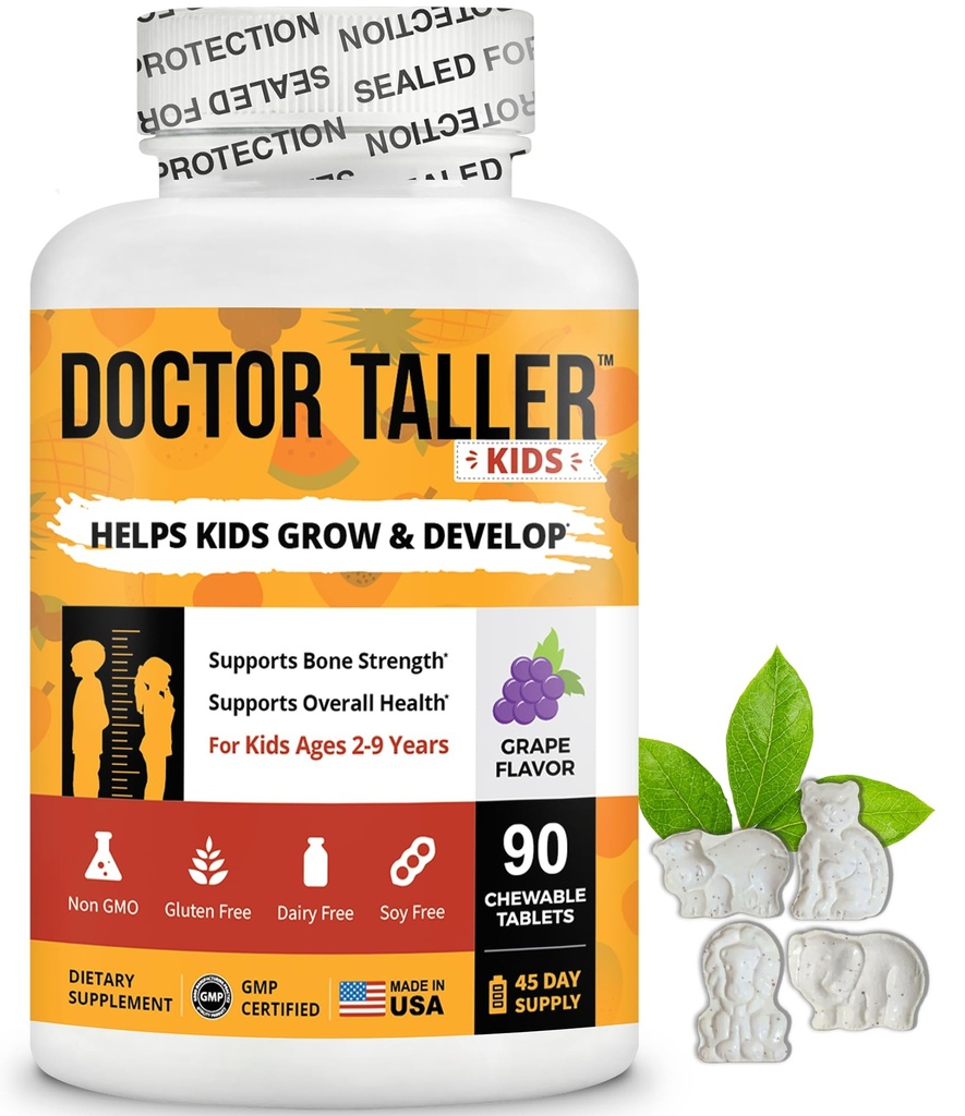 Doctor Taller Kids - Kids Multivitamins, טודלר ויטמינים - תמיכה בעצמות העצם, הגדלת האמינות עם Calcium, Multivitamins במשך ימים 2 עד 9 - Grape Flavor - 90 טבליות Chewable