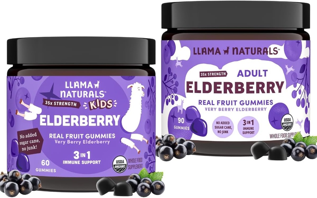 Llama Naturals Real Fruit Sambucus Elderberry חניכיים עבור ילדים ומבוגרים | לא תוספת סוכר Cane, טבעוני, אורגני Immune תמיכה