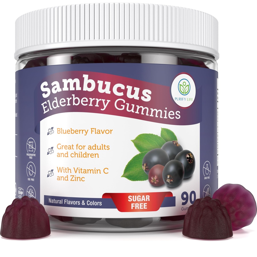 Purify Life Sugar-Free Elderberry Gummies עם ויטמין C & Zinc למבוגרים ולילדים, Immune Support Supplement for Respiratory Health, Sambucus Elderberry Antioxidant Gummies - טבעוני, הרוזן 90