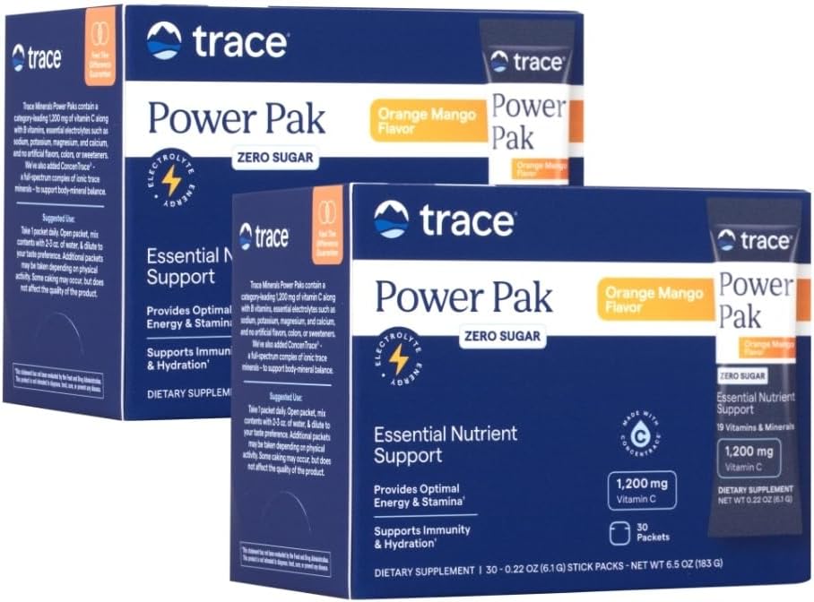 Trace מינרלים Power Pak Multivitamin ו- Multimineral Packets - תמיכה אלקטרוליטית - 1200 מ"ג ויטמין C בתוספת 70+ Trace מינרלים - סוכר חינם - מנגו פלמור - 60 Packets