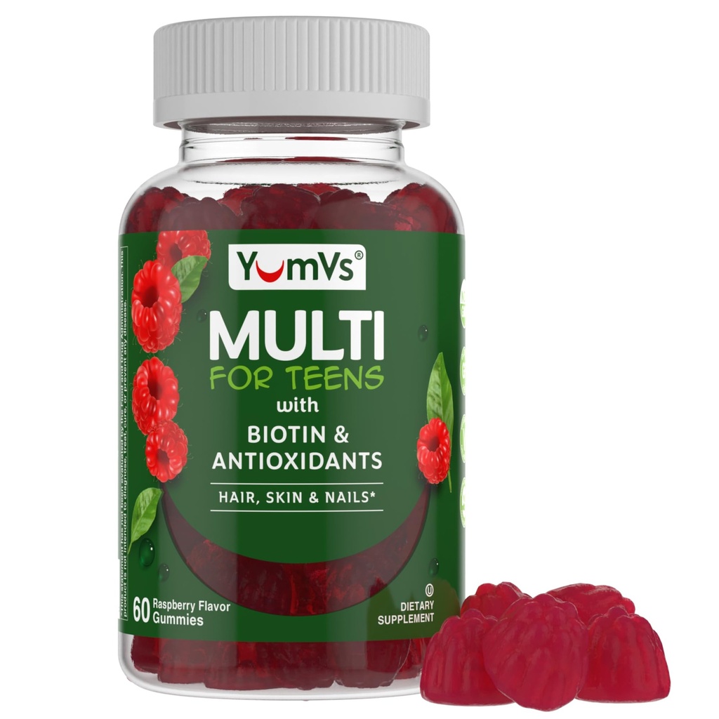 YumVs Teen Multivitamin Gummies עם biotin ו Antioxidants - Raspberry Flavor - Hair Skin Nails תמיכה - ויטמינים בני נוער כשר עבור בנים ובנות 12-17 - Teen Gummy Multi ויטמין ( Count 60)
