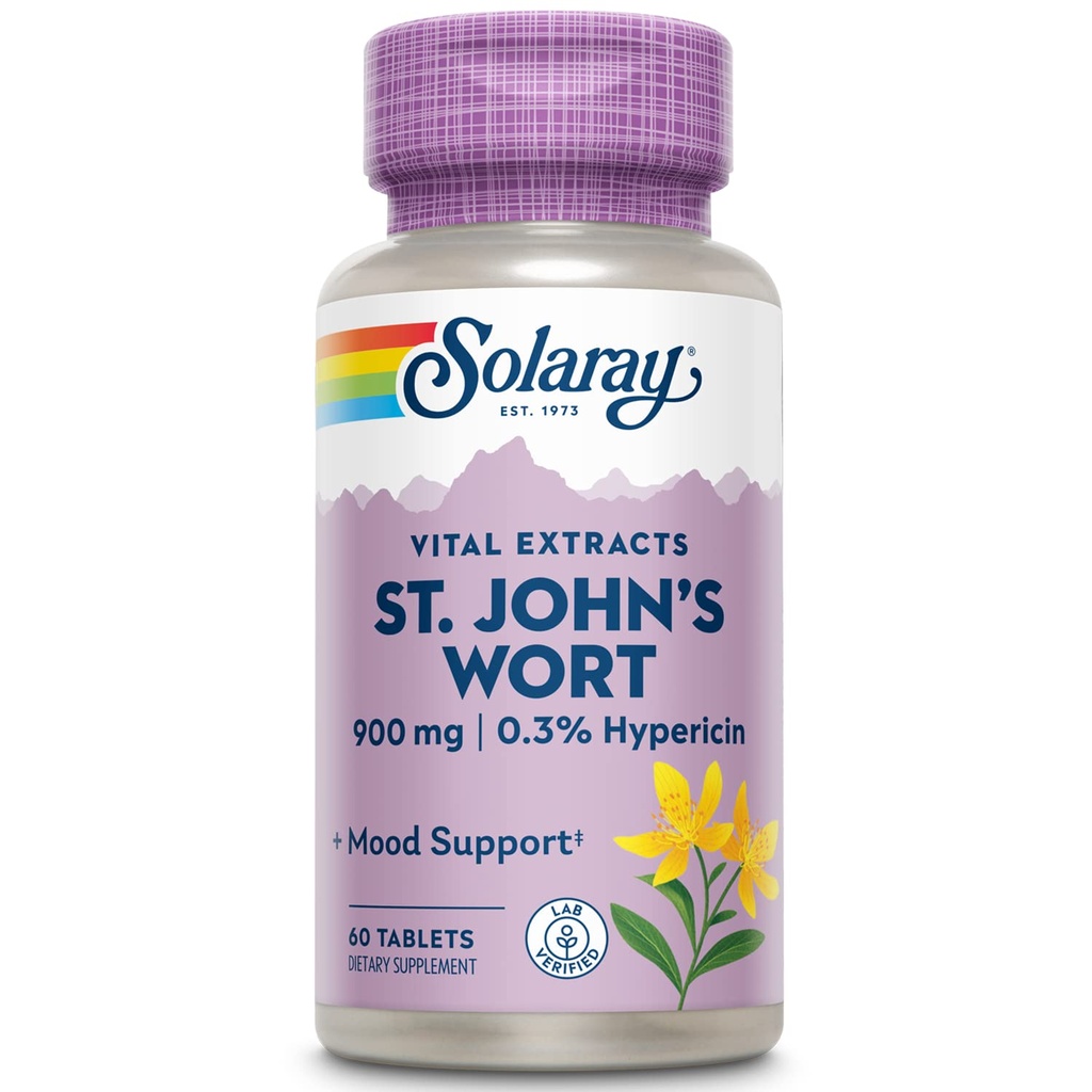 SOLAרי St. Johns Wort Aerial Extract One 900 מ"ג, תקן w / 0.3% Hypericin עבור Mood Stability & Brain Health Support, Non-GMO | 60 משרתים | 60 טבליות