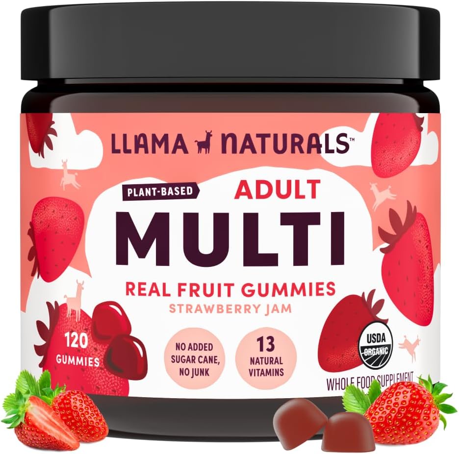 Llama Naturals Multivitamin for Women & Men, טבעוני, חניכיים אורגניות עם ויטמין D, C & K, Adults Real פירות Gummy ויטמינים, תוספת רב ויטמין, No added Sugar Cane, Strawberry, 120 Ct & K, מבוגרים אמיתיים פירות מסטיקמי ויטמינים, תוספת רב ויטמין, No Add Sugar Cane, 120 Ct, 120 Ct ו 120 Ct, 120 Ct.