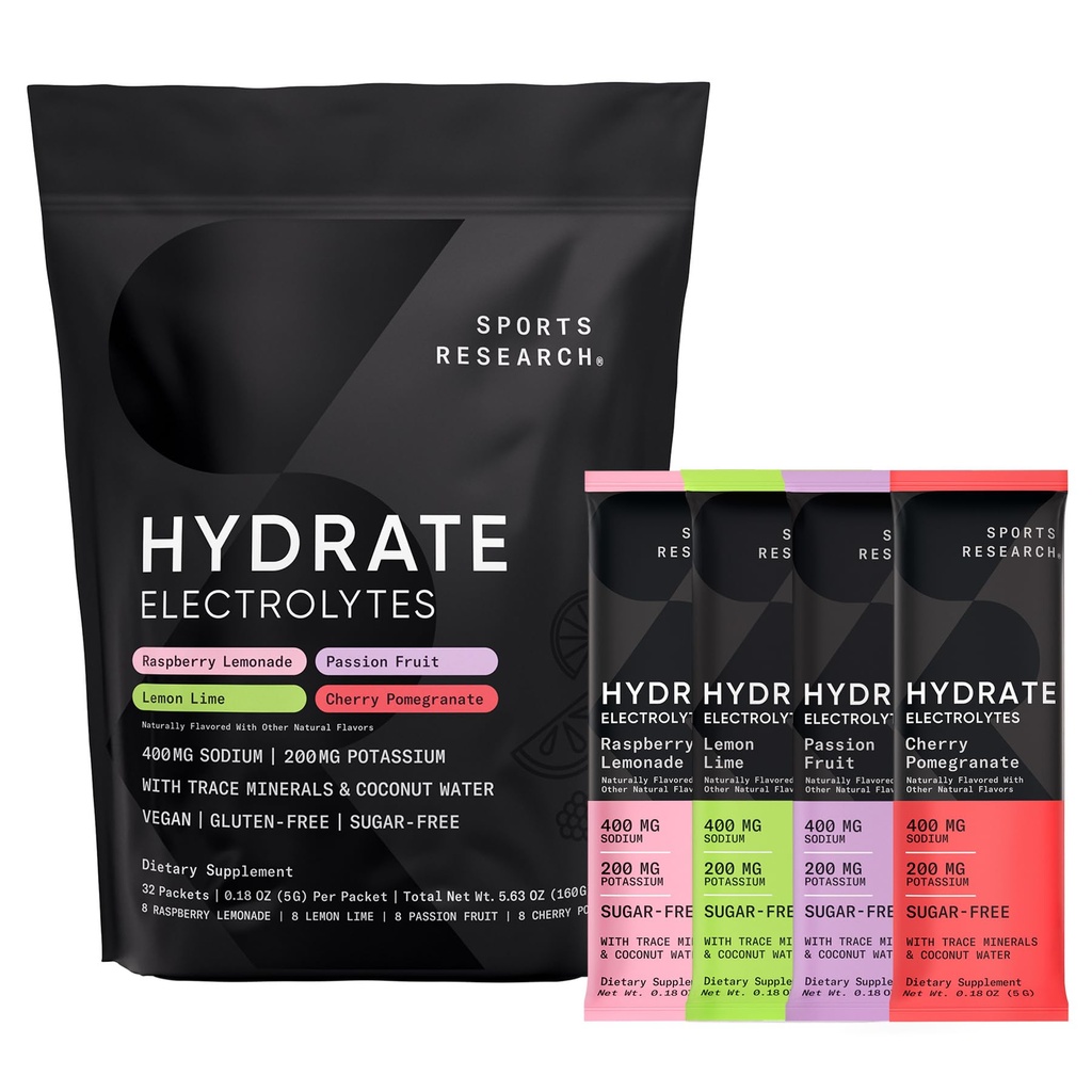 מחקר ספורט ® Hydrate Electrolytes אבקת Packets - Sugar-Free & Flavored באופן טבעי עם ויטמינים, מינרלים, מים קוקוס - תמיכה הידרה - 32 Packets - Variety Pack