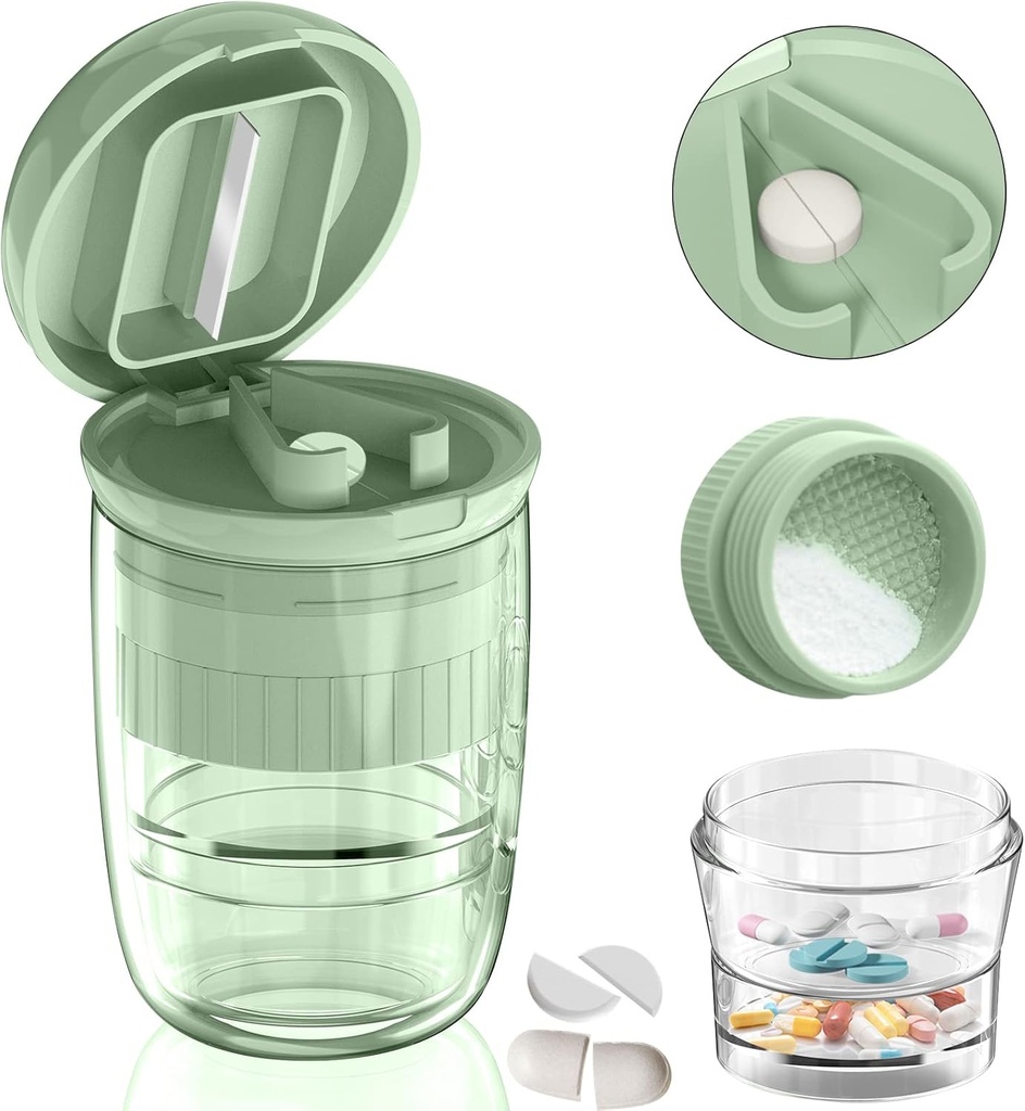 גלולת גלולת גלולה עם Dispenser, גלולת גלולות קטנות או גדולות, כדורי Crushes, ויטמינים, טבליות, Stainless Steel Blade, Removable שתיית גביע (Green-1)