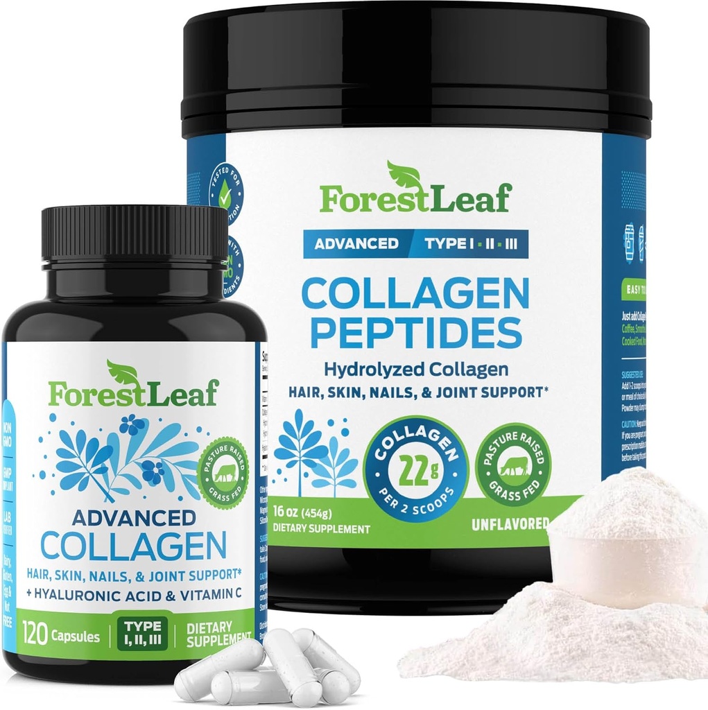 ForestLeaf Collagen Supplements Bundle - 2in-1 hydrolyzed קולאזן אבקת פפטידים וגלופסי קולגן - Grass פד Bovine Collagen for Women and Collagen for Men