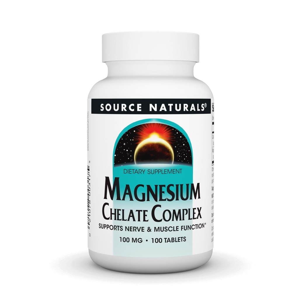 מקור Naturals Magnesium Chelate Complex, תומך בתפקוד עצבי ושרירים*, 100 מ"ג -100 טבליות