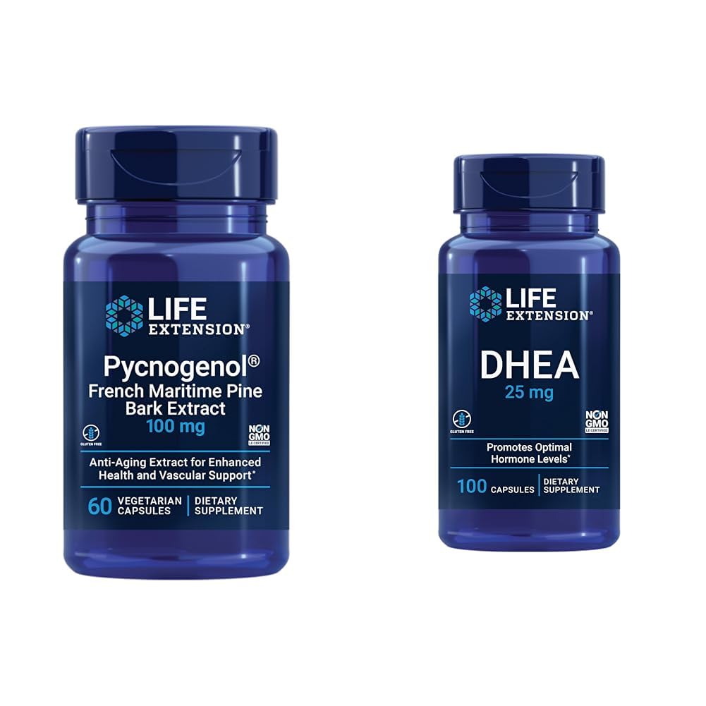 Life Extension French Pine Bark Extract with DHEA הורמון איזון - 60 קפסולות Pycnogenol ו 100 קפסולות DHEA 25 מ"ג