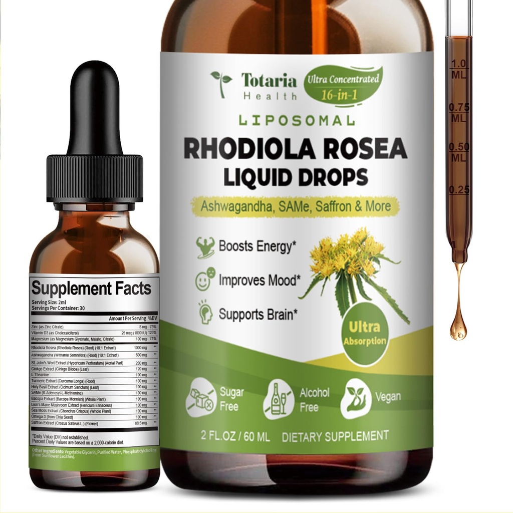 Totaria 16-in-1 Liposomal Rhodiola Rosea Tincture, Ultra Power Rhodiola תוספת w/Ashwagandha, Saffron, Magnesium, SAM-e, Rhodiola Rosea לחלץ טיפות נוזליות להרגעה טבעית, Mood, Energy, Energy