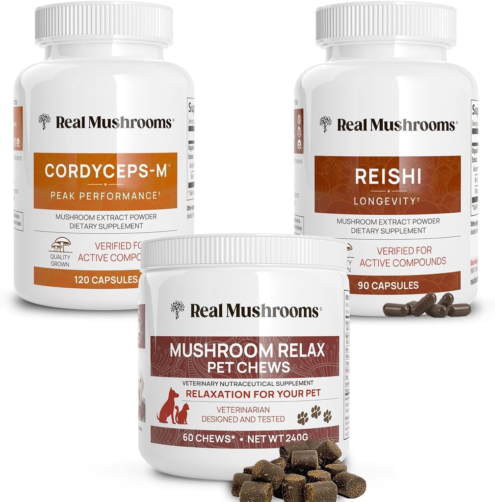 Real Mushrooms Reishi & Cordyceps for Humans & Mushroom Petlax Chews - Bundle for Relaxation, Energy & Immunity - טבעוני, Non-GMO, Gluten-Free, Grain-Free Mushroom Extracts