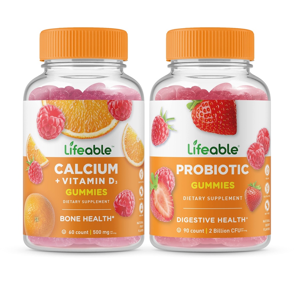 Calcium עם ויטמין D + Probiotic 2 מיליארד CFU, חניכיים Bundle - גדול Tasting, ויטמין תוסף, Gluten Free, GMO חינם, Chewable