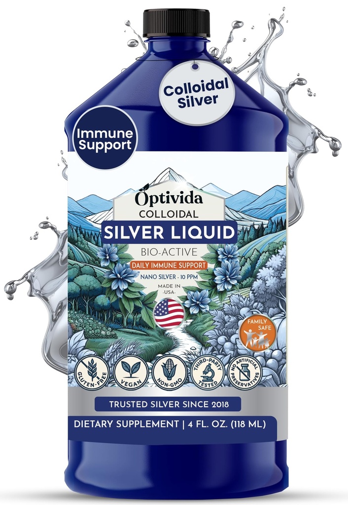 Optivida Health Colloidal Silver נוזל (32 oz) - Premium Nano Silver Colloidal תוסף עבור Daily Wellness & Immune Support, Natural Liquid Hydrosol for Adults & Kids, Non-GMO, Gluten-Free FreeFree