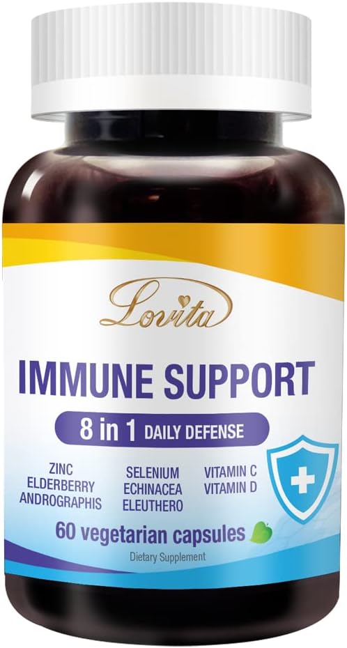 Lovita Immune Support 8 ב 1, Elderberry עם Zinc ו ויטמין C, ויטמין D, Selenium & Echinacea, Andrographis, סיביר גינזנג - Immune Booster תוסף, 60 קפסולות צמחוניות