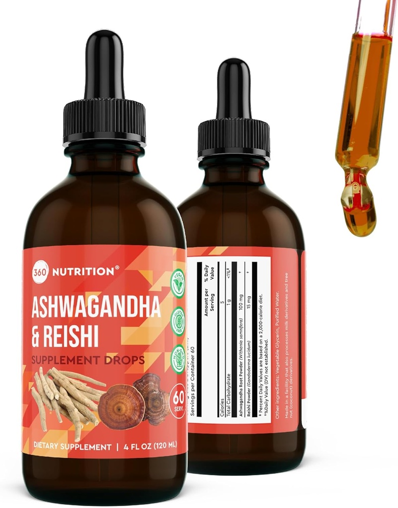 360 תזונה Ashwagandha & Reishi Root תוספת טיפות עבור הקלה מתח, Stamina & Longevity ותמיכה אנרגיה - טבעונית non-GMO הסתגלותogenic - 4 oz, 60 משרתים