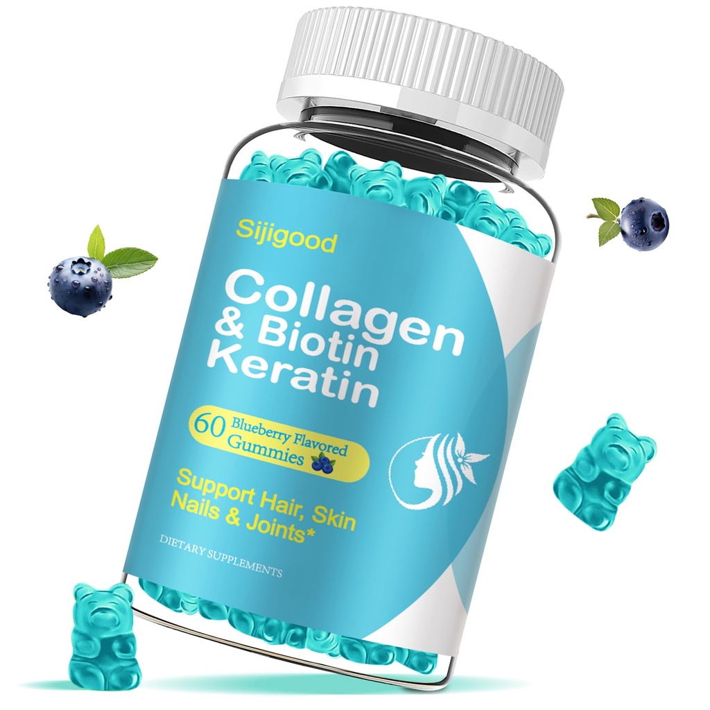 חניכיים ביוטין עם Collagen, Keratin, Hyaluronic Acid, ויטמין for Skin, Hair growth growth, Nails, Women Men Adults Kids - 60 Blueberry Flavored Gummies