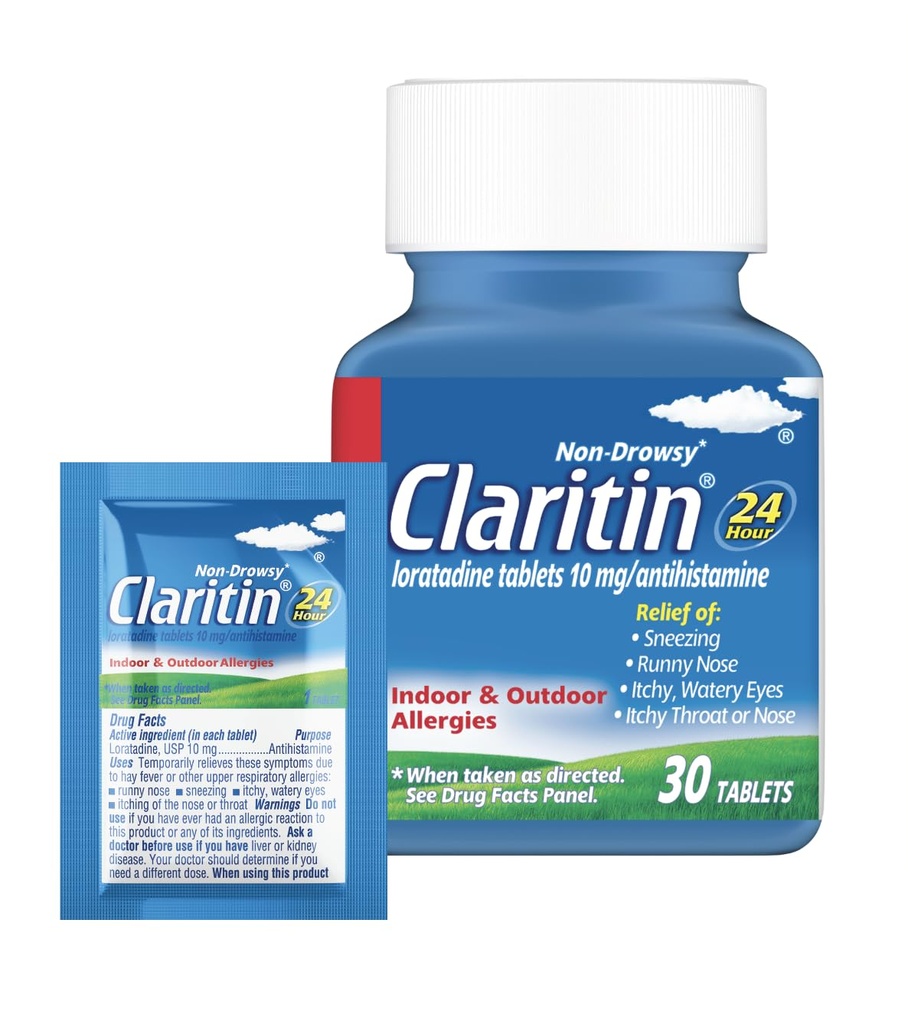 Claritin Allergy Medicine for Adults, 24Hour non-Drowsy Loratadine 10mg Pills, Antihistamine, 30 טבליות + 1ct On- The-Go Relief