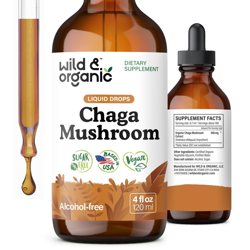 Wild & Organic Chaga Mushroom Drops - Immune Support with Chaga Extract - תוספת נוזלי Mushroom עבור Immunity - טבעוני, סוכר ואלכוהול חינם טינקture - 4 fl oz