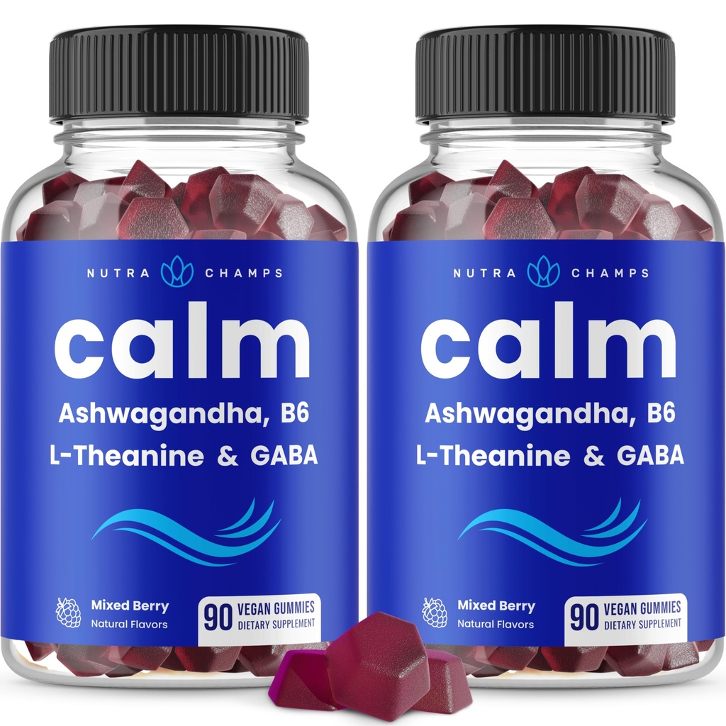 NutraChamps Calm Gummies, מתח חניכיים תוספת עם Ashwagandha, L-theanine, GABA, ויטמין B6 & לימון Balm, 90 מסטיקים (Pack of 2)