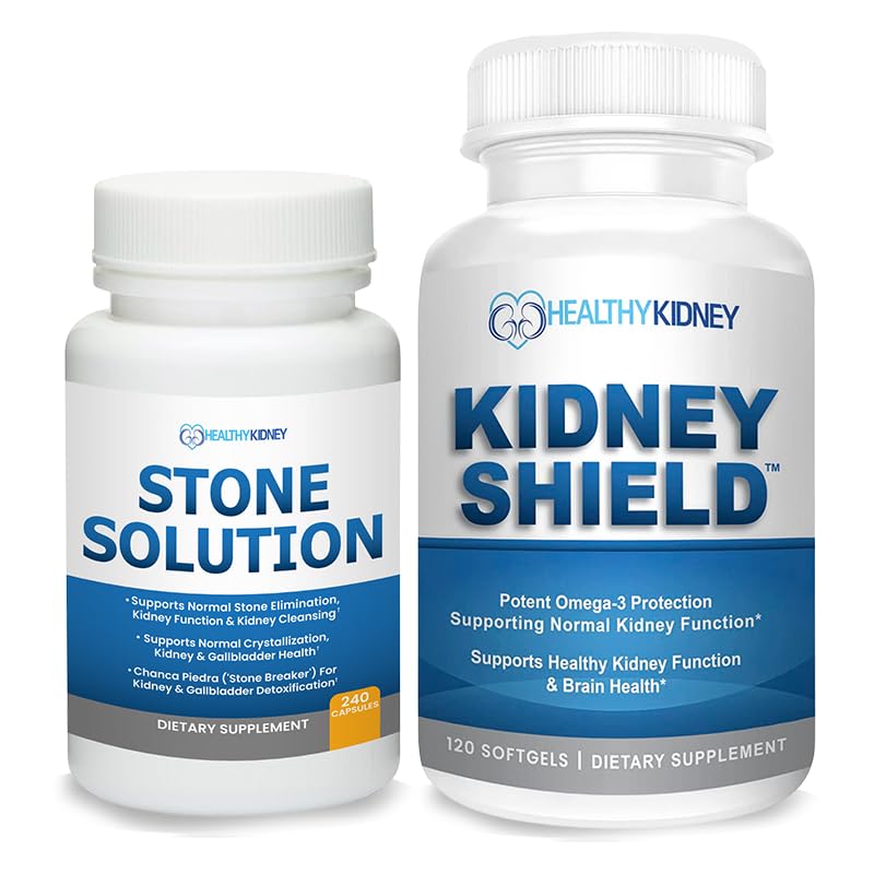 קפסולות של פתרונות סטון - Natural Dissolver, Kidney Stone Support & Kidney ניקויser, 60 משרתות + Kidney Shield 120 Caps Kidney תוסף כדי לתמוך בתפקוד Kidney הרגיל ולתמוך Kidney Health