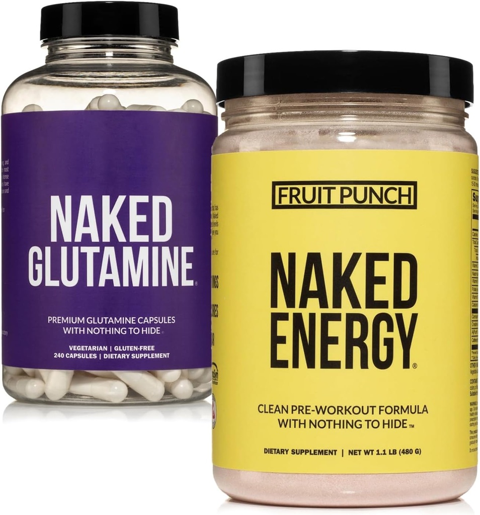 NAKED Vegan Energyzing שריר Recovery Bundle פירות פולינץ אנרגיה ו 240 קפסולות L-Glutamine, 1000 מ"ג