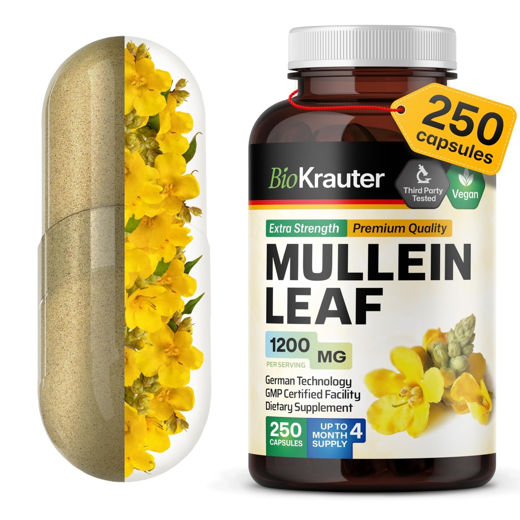 BIO KRAUTER Mullein קפסולות 1200 מ"ג 250 הרוזן - טהור מולליין צץ עבור Lungs - 125 ימים של אספקה - Lung ניקויse & Respiratory תמיכה - No Fillers, non-GMO