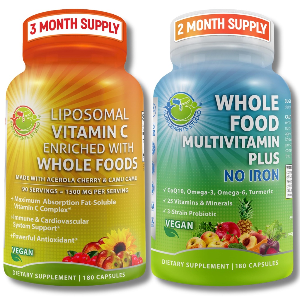 ויטמין Liposomal C 1500 מ"ג טבעוני + מזון מלא Multivitamin ללא ברזל - אנרגיה & Immune תמיכה Bundle עם אורגני Acerola Cherry, Camu Camu & Enrich עם Whole Foods - non-GMO, תווית נקייה