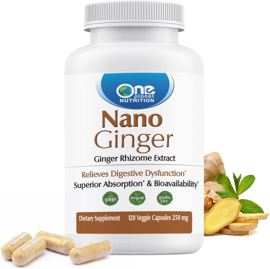 One Planet Nutrition ננו ג'ינג'ר Root 250 מ"ג ווג'י קפסולות (120 משרתים), פלט שורש טהור של ג'ינג'ר, Nano for Superior Absorption, Enhances Digestive Health, Non-GMO, Vegan Gluten FreeFree