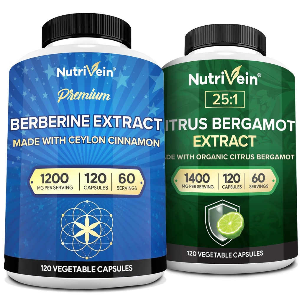 Nutrivein Premium Berberine 1200mg & Citrus Bergamot לחלץ 1400mg Bundle - Ceylon Cinnamon & 25:1 Bergamia Extract - ניהול משקל & Immune Support Plus Heart Health - 120 קפסולות לכל אחד