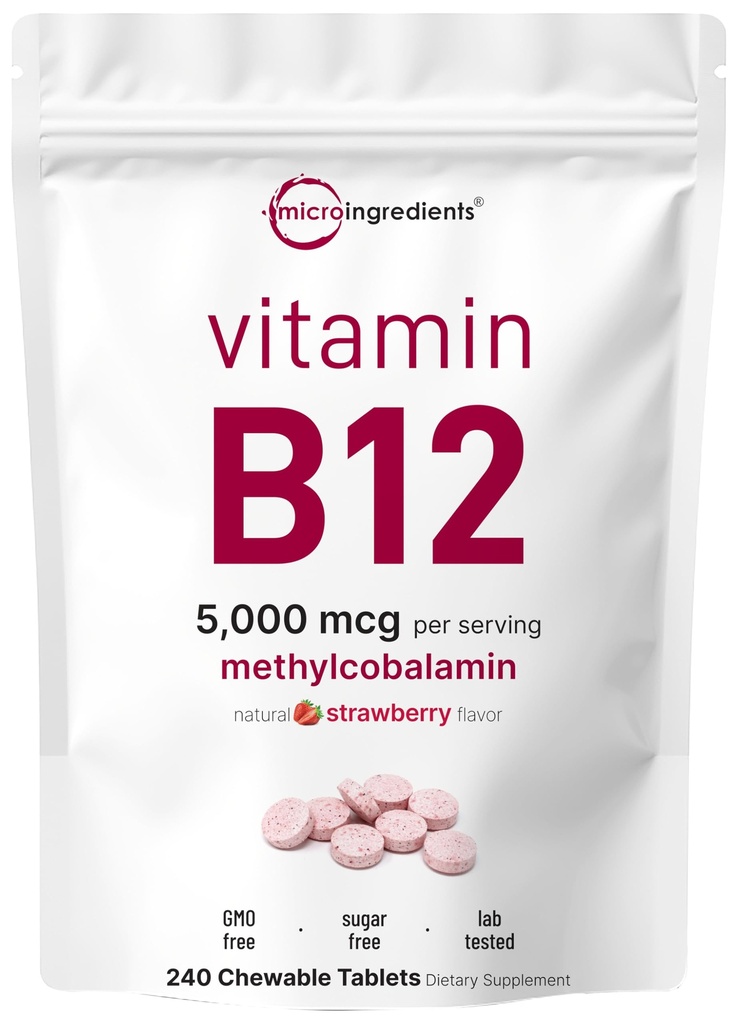 מיקרו Ingredients ויטמין B12 5,000 mcg | Methylcobalamin - 240 טבליות Chewable | Fast Dissolve, Natural Strawberry Flavor | תמיכה אנרגיה & Metabolism בריאות