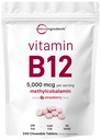 מיקרו Ingredients ויטמין B12 5,000 mcg | Methylcobalamin - 240 טבליות Chewable | Fast Dissolve, Natural Strawberry Flavor | תמיכה אנרגיה & Metabolism בריאות