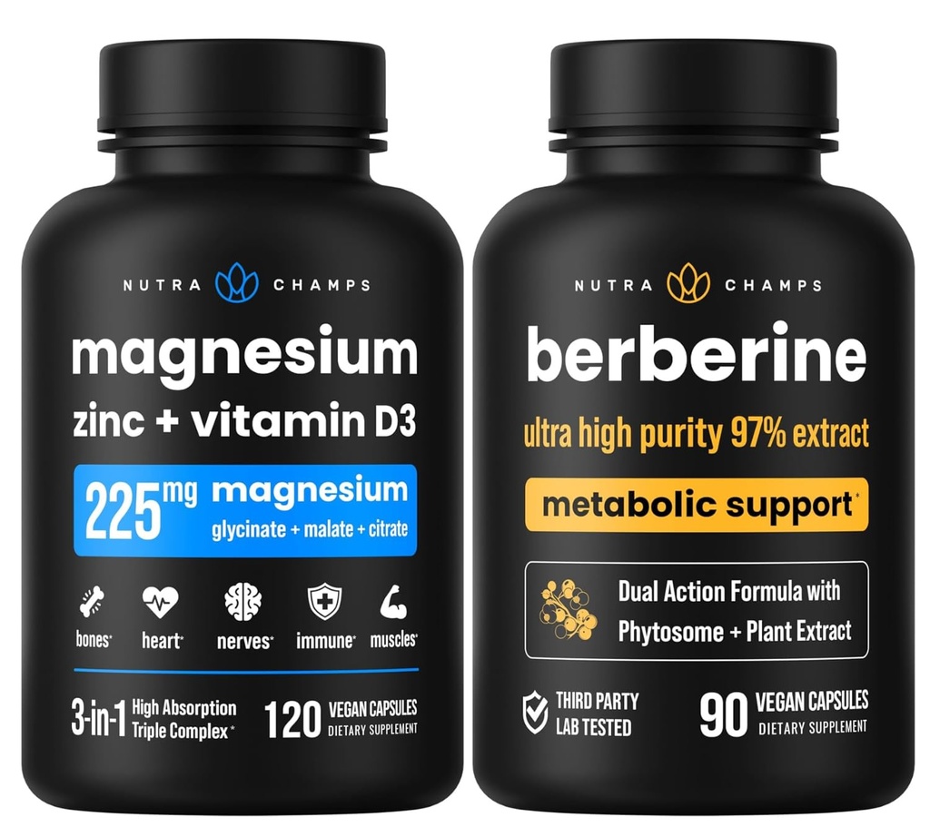 NutraChamps Complete Bone & Metabolic Support: Magnesium Zinc D3 & Berberine Duo